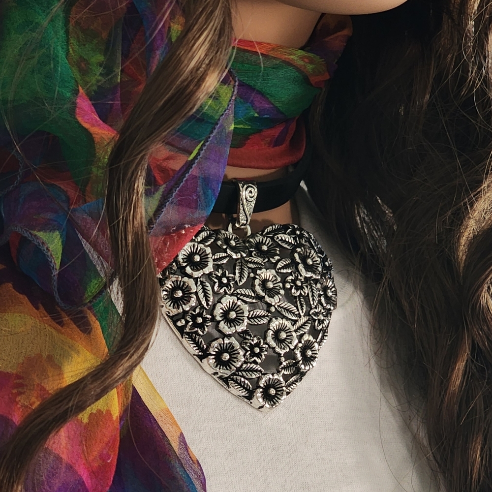 Lrge Silver Heart Pendant Boho Genuine Black Leather Floral Filigree - Picture 3 of 12